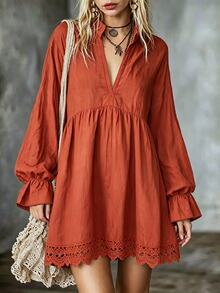 Glimmora Women's Long Sleeve V-Neck Short Dress, Autumn - Red - View 1