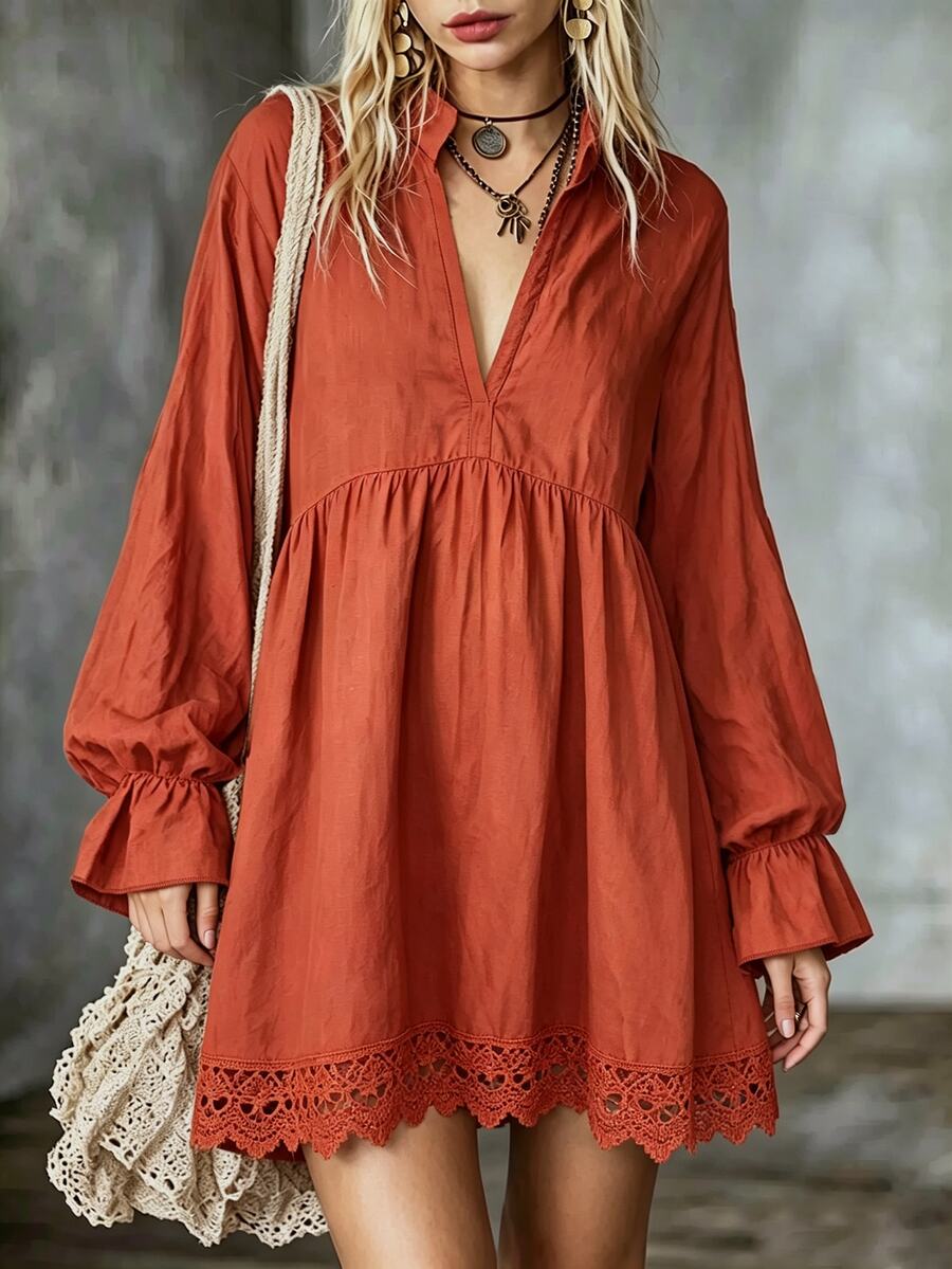 Glimmora Women's Long Sleeve V-Neck Short Dress, Autumn - Red - View 1