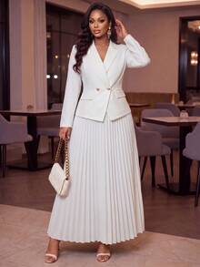 Fleurora Plus Size Women Solid Color Lapel Neck Long Sleeve Blazer And Pleated Skirt Elegant 2 Pieces Set - Multicolor - View 7