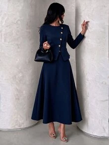 Modelyn Women Navy Two Pieces Dress Set Gold Button Asymmetric Peplum Cropped Top & High Waist A Line Flared Skirt Quiet Luxury Fall Office Wedding Guest - Blue - View 9