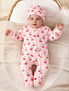 SHEIN Newborn Baby Girl Colorful Floral Pattern Round Neck Long Sleeve Thermal Lined Thick Autumn Winter Romper - Pink - View 5