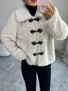 Elenzga 女款秋冬時尚休閒極簡風青蛙鈕扣設計人造毛皮面料，適合日常通勤、外出、購物的人造毛皮夾克 - 淺灰色 - 查看 6