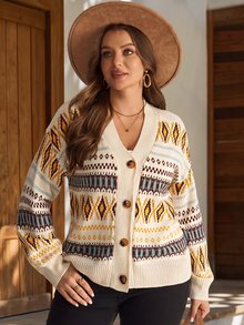 EMERY ROSE Women's Plus Size Vintage Geometric Pattern Drop Shoulder Long Sleeve Knit Cardigan Winter - Multicolor - View 3