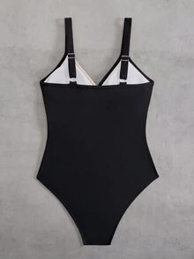 Swim Vcay Plus Size Brown Ribbed Texture & Beige Ribbed Texture Fabric Patchwork Design Women's One-Piece Swimsuit With Large Scoop Neck, Suitable For Summer Beach And Vacation - Black and White - View 3