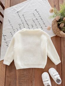 LMoss Kids 女童純色針織圓領修身休閒對比色刺繡毛衣 - 白色 - 查看 2