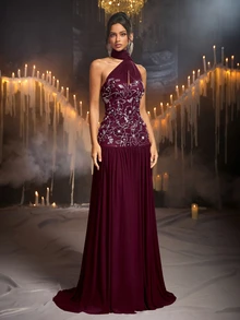 Glamrae Elegant Plum Purple Sequin Embroidered Mesh Strapless A-Line Evening Gown With Flutter Sleeves - Dark Purple - View 7