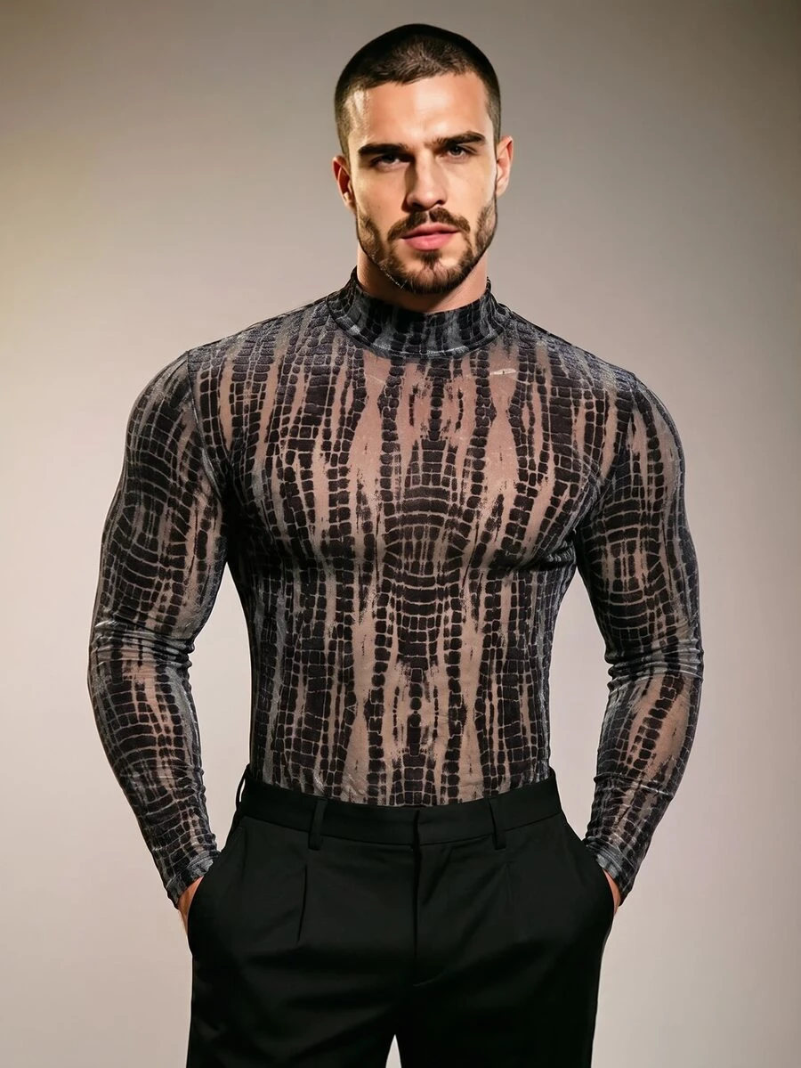 ZURIURI Men's Sexy Sheer Wild Animal Print Fashion T-Shirt - BLUE AND BLACK - View 1