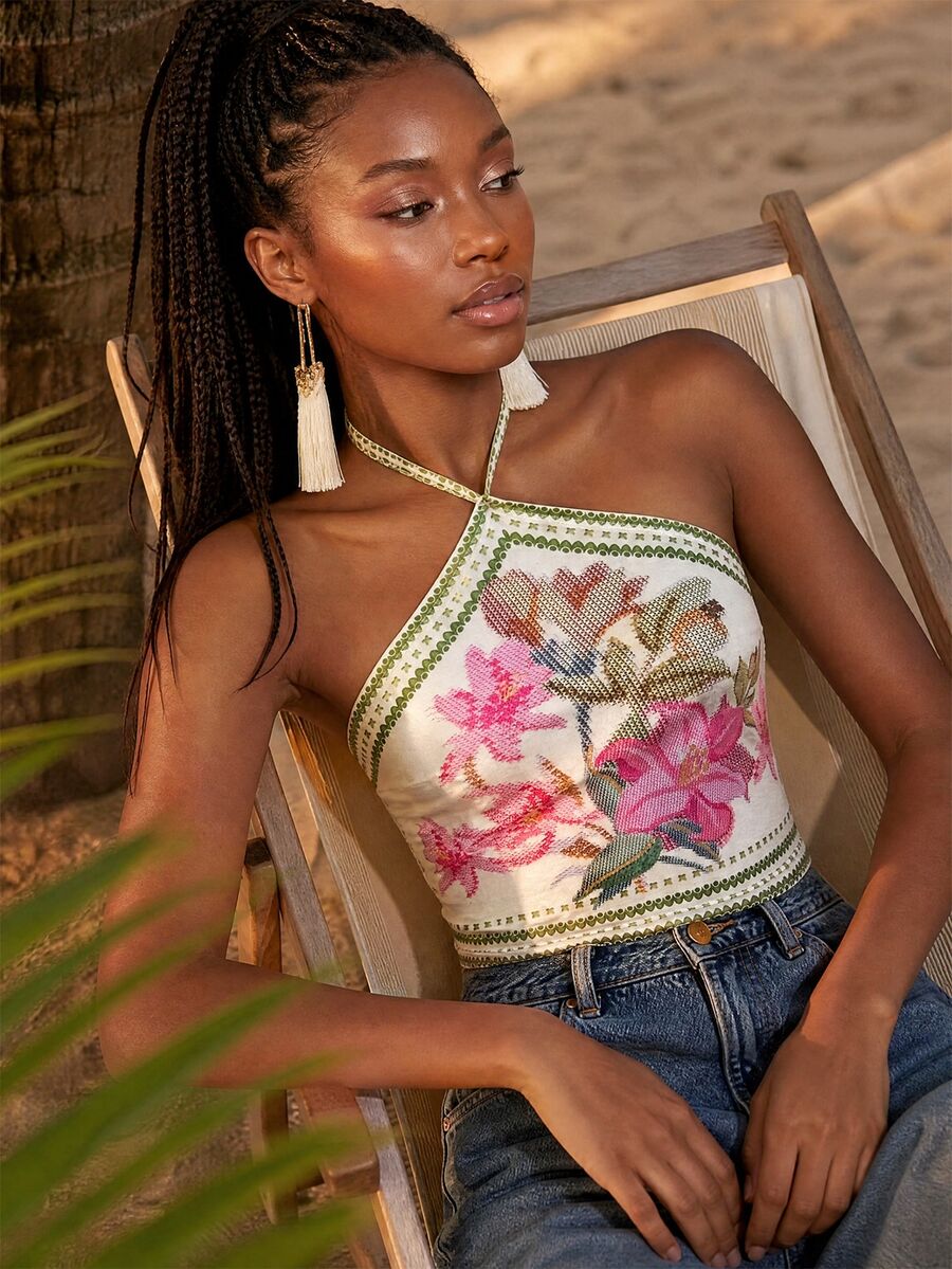 CAJUNI Vacation Floral Embroidery Halter Top - Multicolor - View 1