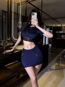 Dansine Women's Metal Buckle Mesh Cropped Top And Sexy Mini Skirt Set Role Play - Blue - View 1