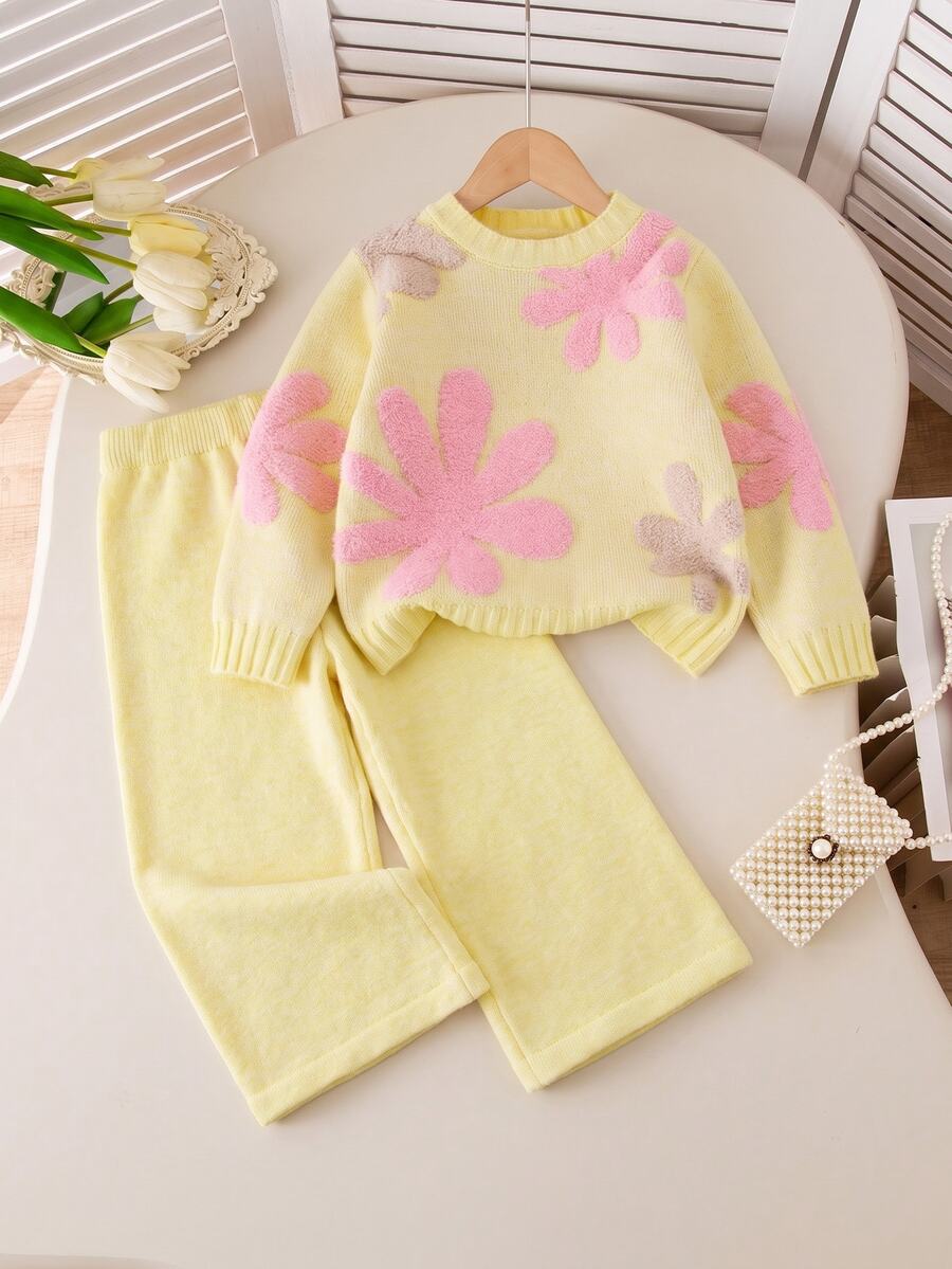 Souflis Souflis 女童 3D 貼花刺繡長袖毛衣與長褲套裝 - 黃色 - 查看 1