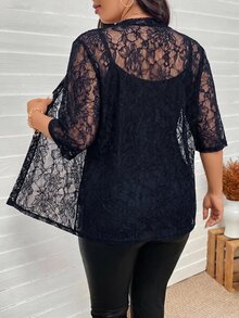 SHEIN LUNE 大尺碼女款對比蕾絲短袖開襟優雅外套 - 藏蓝色 - 查看 2