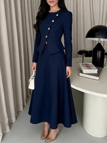 Modelyn Women Navy Two Pieces Dress Set Gold Button Asymmetric Peplum Cropped Top & High Waist A Line Flared Skirt Quiet Luxury Fall Office Wedding Guest - Blue - View 4