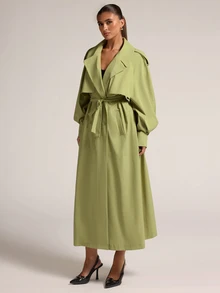 SHEIN BAE Women's Autumn/Winter Classic Lapel Daily Versatile Commute Elegant Solid Color Long Curved Sleeve Four-Button Front Open Trench Coat Jacket - Green - View 7