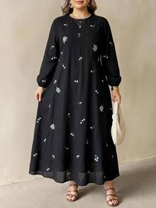 SHEIN CURVE+ Plus Size Round Neck Lantern Sleeve Long Sleeve Floral Print Dress Fall - Multicolor - View 5