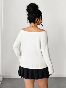 Elenzga Plus Size Off-Shoulder Rhinestone Hollow-Out Ribbed Knit Sweater Fall - Beige - View 2