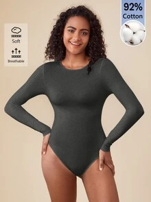 SHEIN BASICS 女款純色圓領長袖休閒連身衣T恤 - 深灰色 - 查看 3