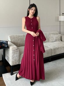 Modelyn Women's Solid Color Long Sleeve Knit Cardigan And Single-Breasted Knit Sleeveless Dress Elegant 2 Pieces Set - Burgundy - View 6