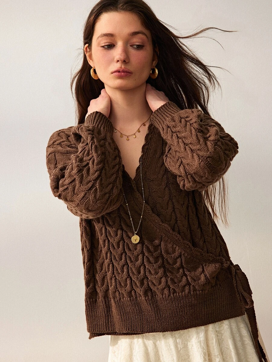 Willow Rêve Women's Brown Cable Knit Side Tie Waist Long Sleeve Cardigan - Coffee Brown - View 1