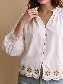 CielaLinda Women's White Embroidered Blouse, Floral Cutwork Button Front Shirt, Long Sleeve Cotton Top - White - View 4
