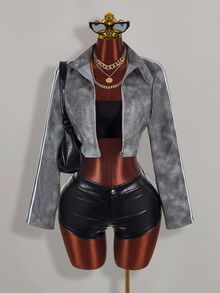 Amplova Autumn/Winter Fur Collar Patchwork PU Women's Jacket - Grey - View 8