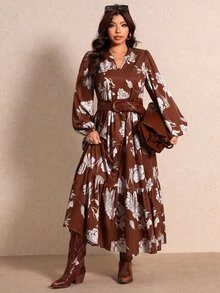 Elaquor 大尺碼女款花卉印花休閒派對與旅行連身裙 秋季 - 彩色 - 查看 7