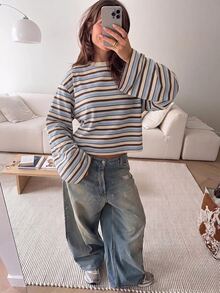 SHEIN EZwear 海外長袖條紋T恤，秋季上衣，適合日常通勤、聚會、秋冬/夏季、聖誕節、新年、感恩節、派對、婚禮、海灘、畢業典禮、優雅、外出、約會、通勤、情人節、優雅、度假、Y2K、畢業典禮及其他場合 - 彩色 - 查看 6