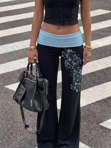 Attitoon 女款休閒拼接撞色百搭日常長褲，藍色花卉印花黑色長褲，休閒極簡日常百搭派對聚會機場穿搭 Y2K 上衣，秋季穿搭，女款通勤穿搭，百搭長褲，外出穿搭，機場穿搭 - 彩色 - 查看 6