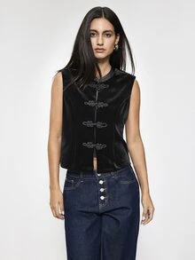 Maija Women's Stand Collar Frog Button Design Chinese Style Elegant Vest, Going Out Everyday Dinner Date Night Party Outfits, Work Outfits, Fall Black - Black - View 4