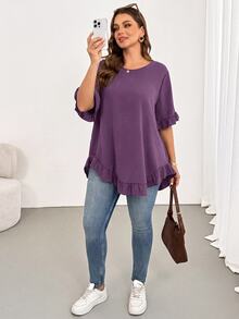 Shapeblank Plus Size Women's Solid Color Casual Versatile Daily Wear Shirt - Purple - View 5