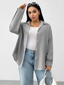 Shapeblank Plus Size Striped Casual Versatile Everyday Shirt - Black and White - View 5