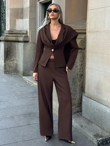 Aloruh Suit Jacket With Ribbon Detail And Long Pants, Office Commute Outfit Set - Purple - View 4