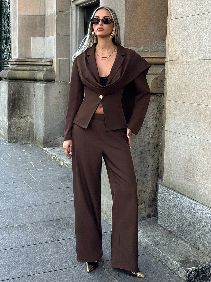 Aloruh Suit Jacket With Ribbon Detail And Long Pants, Office Commute Outfit Set - Purple - View 1