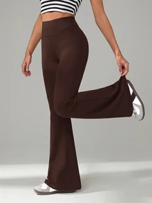 SHEIN Tall 女款純色休閒高腰喇叭褲，適合日常穿著 - 棕色 - 查看 5