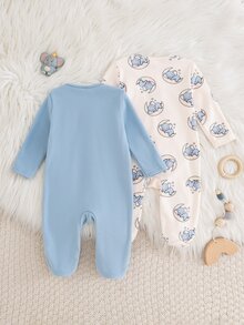 Cozy Pixies 2件組新生兒嬰兒休閒日常舒適大象印花拉鍊長袖長褲家居服，2款各1件，共2件套 - 藍色 - 查看 2