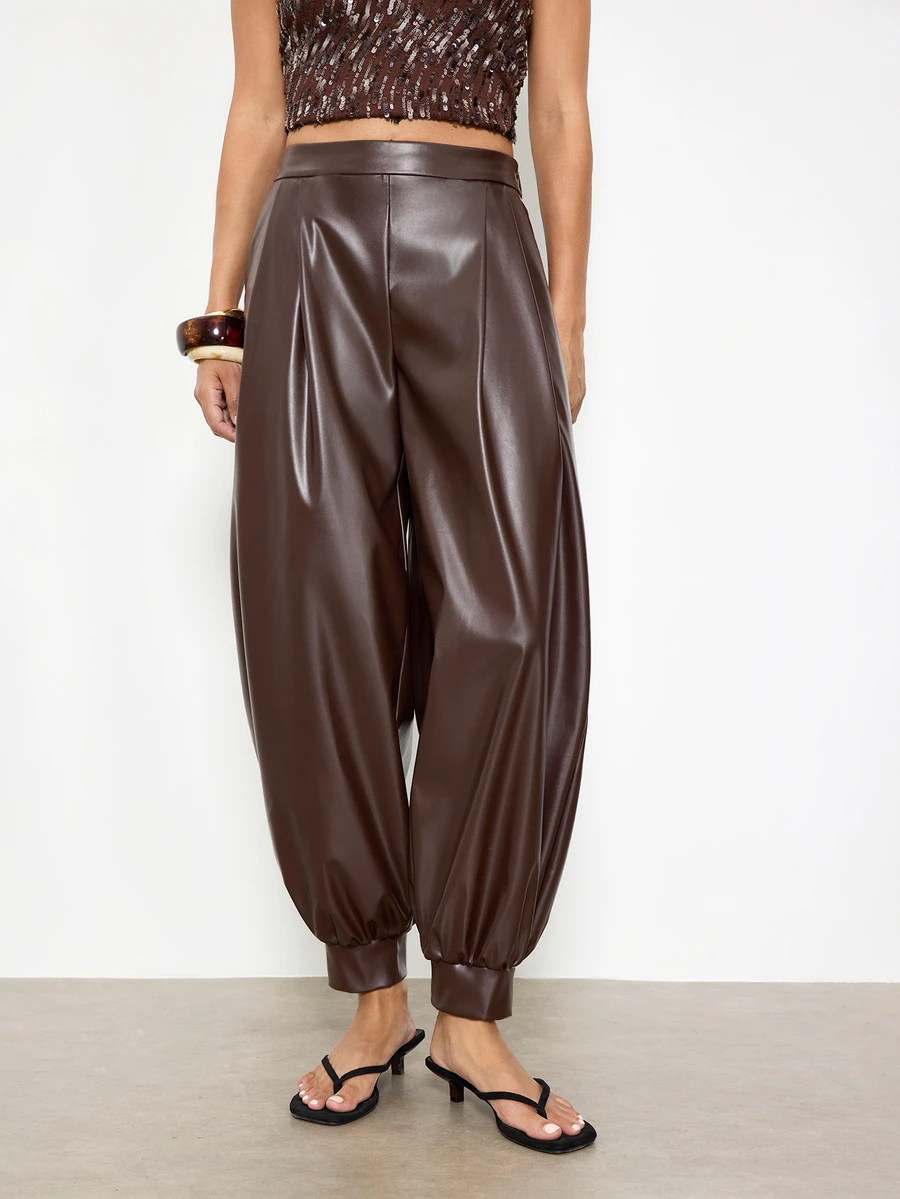 Maija 女款純色PU皮革百褶設計優雅長褲,外出穿搭,女性工作服,秋季衣物 - 咖啡棕 - 查看 1