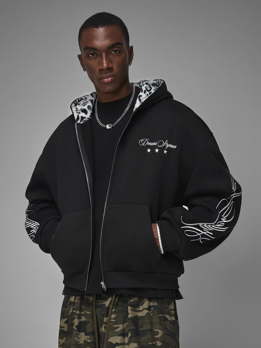 STYNVO Men's Letter Print Long Sleeve Zip-Up Casual Hoodie - Black - View 1