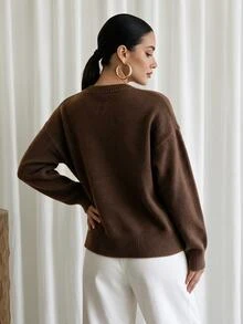 Modelyn Women's Color Block Scarf Tie Round Neck Long Sleeve Sweater, Autumn/Winter - Coffee Brown - View 3