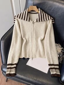 Muvela Women's Patchwork Striped Long Sleeve Zipper Front Knit Cardigan - Multicolor - View 3