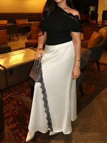 Modelyn Plus Size Women's Contrast Lace Elegant Mermaid Skirt Party Cocktail Black And White Fall - Beige - View 8