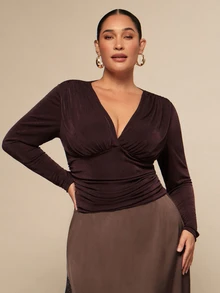 SHEIN BAE CURVE Plus Size Women's Solid Color V-Neck Casual Everyday Long Sleeve Top - Coffee Brown - View 7
