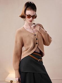 Barévion Women's Solid Color Drop Shoulder Long Sleeve Knit Cardigan - Apricot - View 5