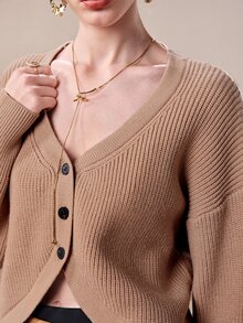 Barévion Women's Solid Color Drop Shoulder Long Sleeve Knit Cardigan - Apricot - View 2