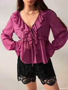 Willow Rêve Women's Pink Ruffle Collar Chiffon Petal Sleeve Blouse - Purple - View 1