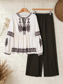 Rusticease Floral Pattern Tassel Tie Collar Blouse And Wide Leg Pants Set For Middle-Aged Women - Multicolor - View 1