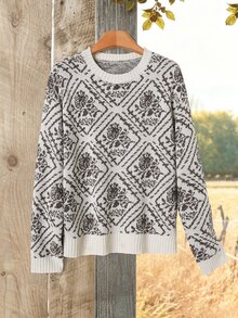 Rusticease Women's Floral Pattern Round Neck Long Sleeve Casual Sweater - Multicolor - View 1