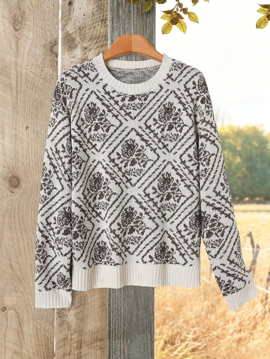 Rusticease Women's Floral Pattern Round Neck Long Sleeve Casual Sweater - Multicolor - View 1