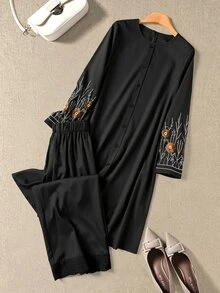 Rusticease Floral Embroidered Single-Breasted Long Shirt And Pants Set For Middle-Aged And Elderly Women - Black - View 3