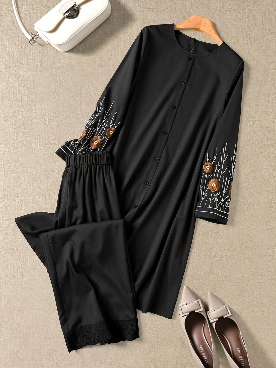 Rusticease Floral Embroidered Single-Breasted Long Shirt And Pants Set For Middle-Aged And Elderly Women - Black - View 1