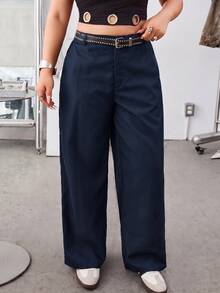 SHEIN EZwear 海軍藍純色斜口袋休閒基礎大尺碼西裝長褲，秋冬款 - 藏蓝色 - 查看 4