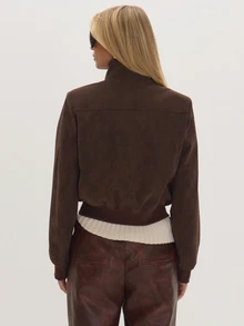 MUSEYN Brown Textured PU Funnel Neck Jacket Versatile Everyday Casual Fall - Coffee Brown - View 4